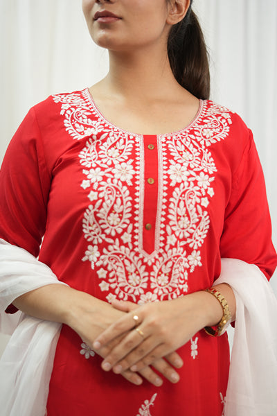 Women's White Chanderi Embroidered Kurta Pant Dupatta Set – mahezon